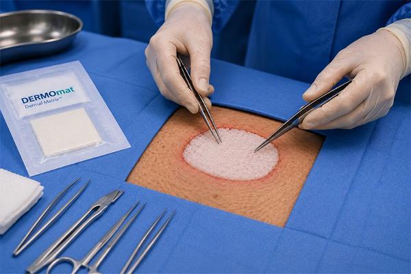 Surgical procedure with DERMOMat demo materials on a blue drape.