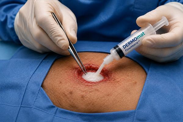 Applying DERMOmat treatment to a patient's skin wound in a medical setting.