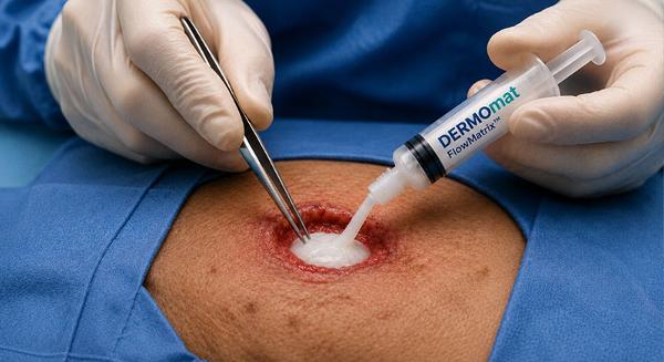 Applying DERMOMAT FlowMaster to a surgical wound by a healthcare professional.